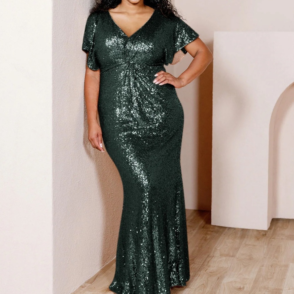 Revelry Gwen Maxi Dress Gown Emerald Green Sequin Twist Front 22